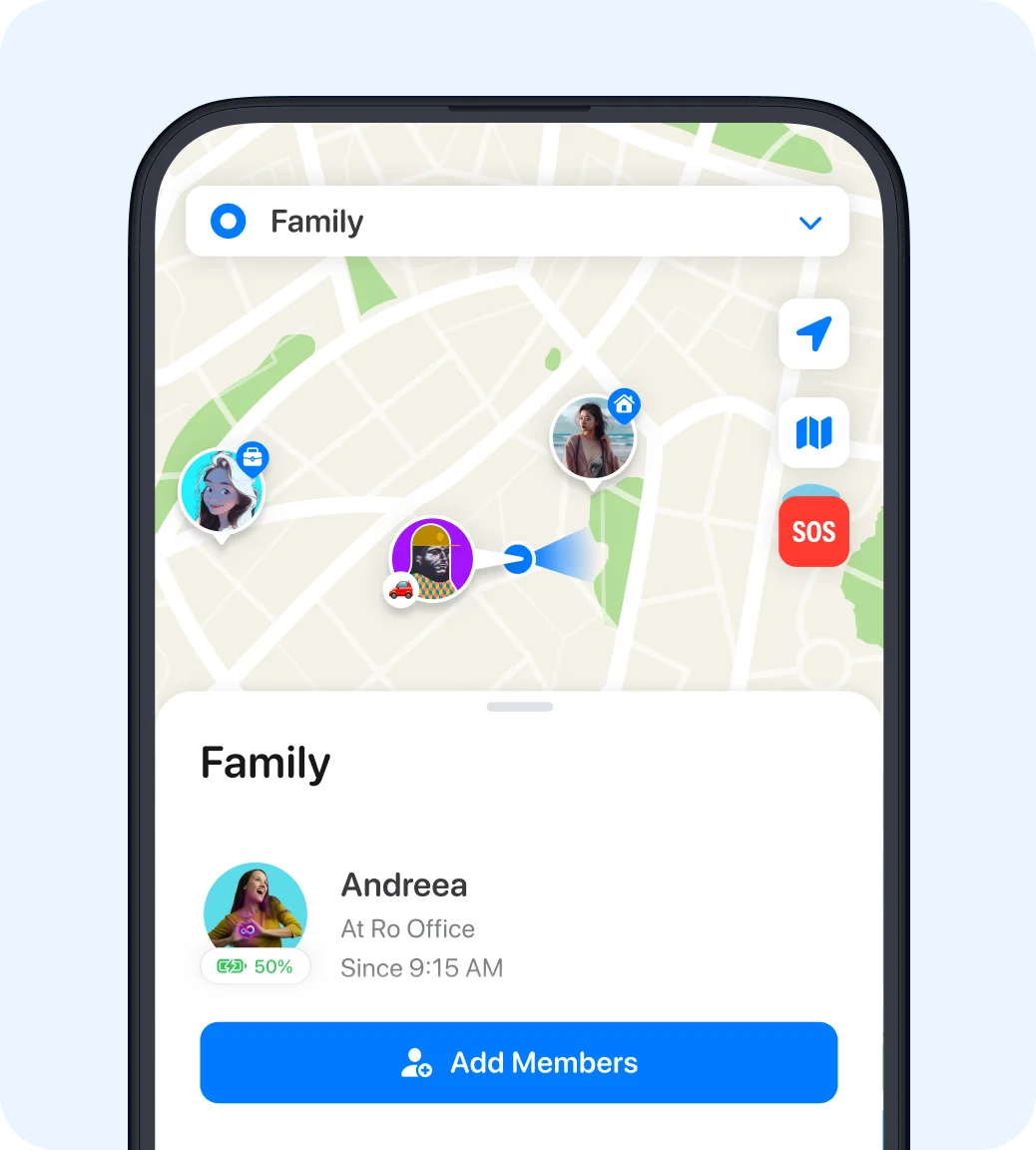 Phone showing family map with member locations