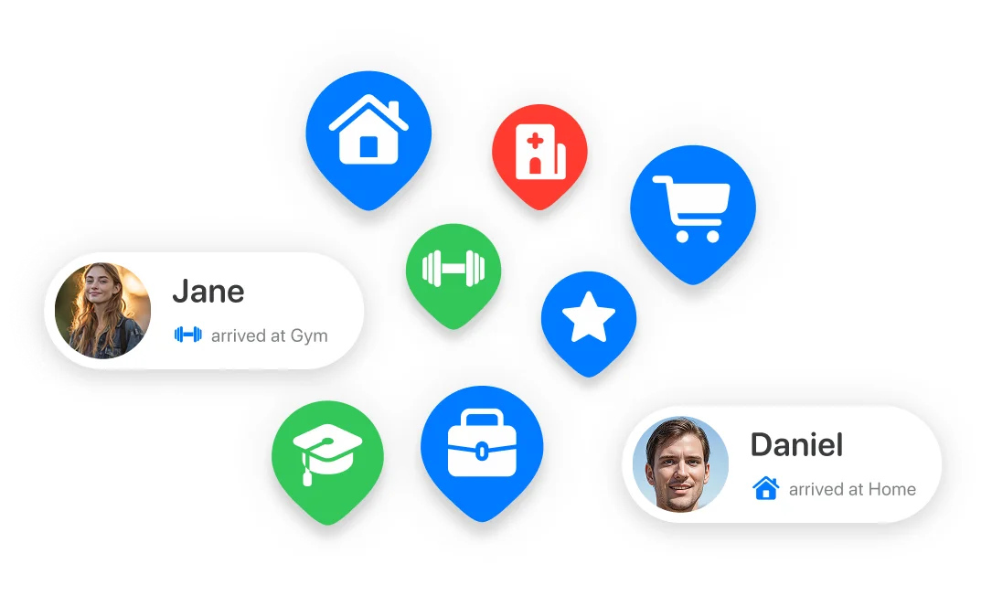 Location pins showing places and member notifications