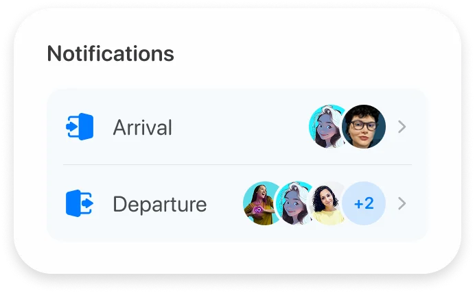 Notifications panel showing arrival and departure alerts