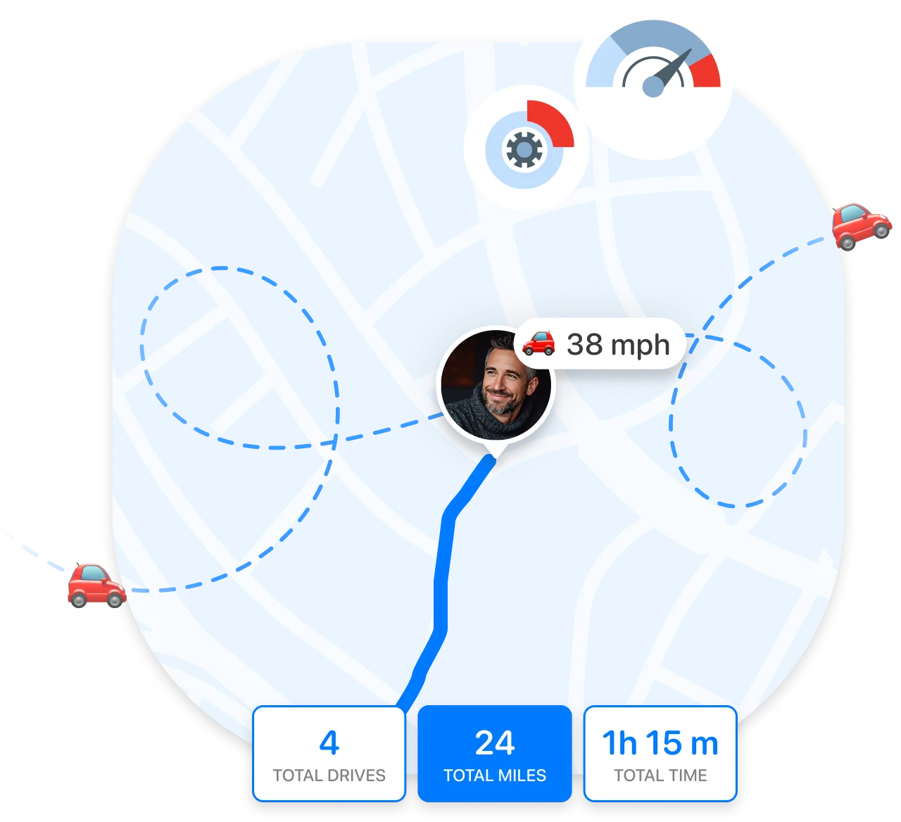 Driving stats map showing speed, total drives, and miles