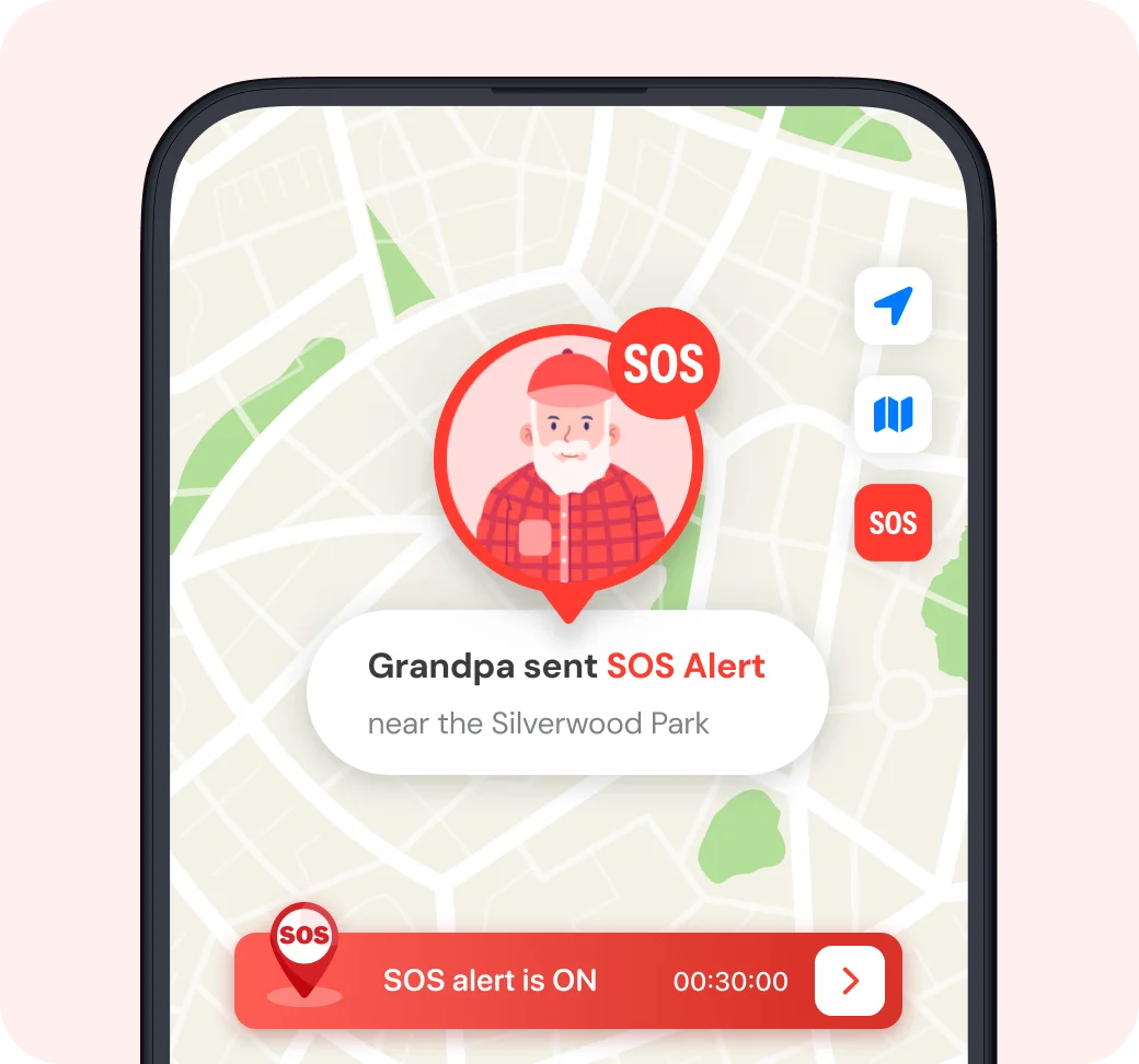 Phone showing SOS alert from Grandpa near Silverwood Park