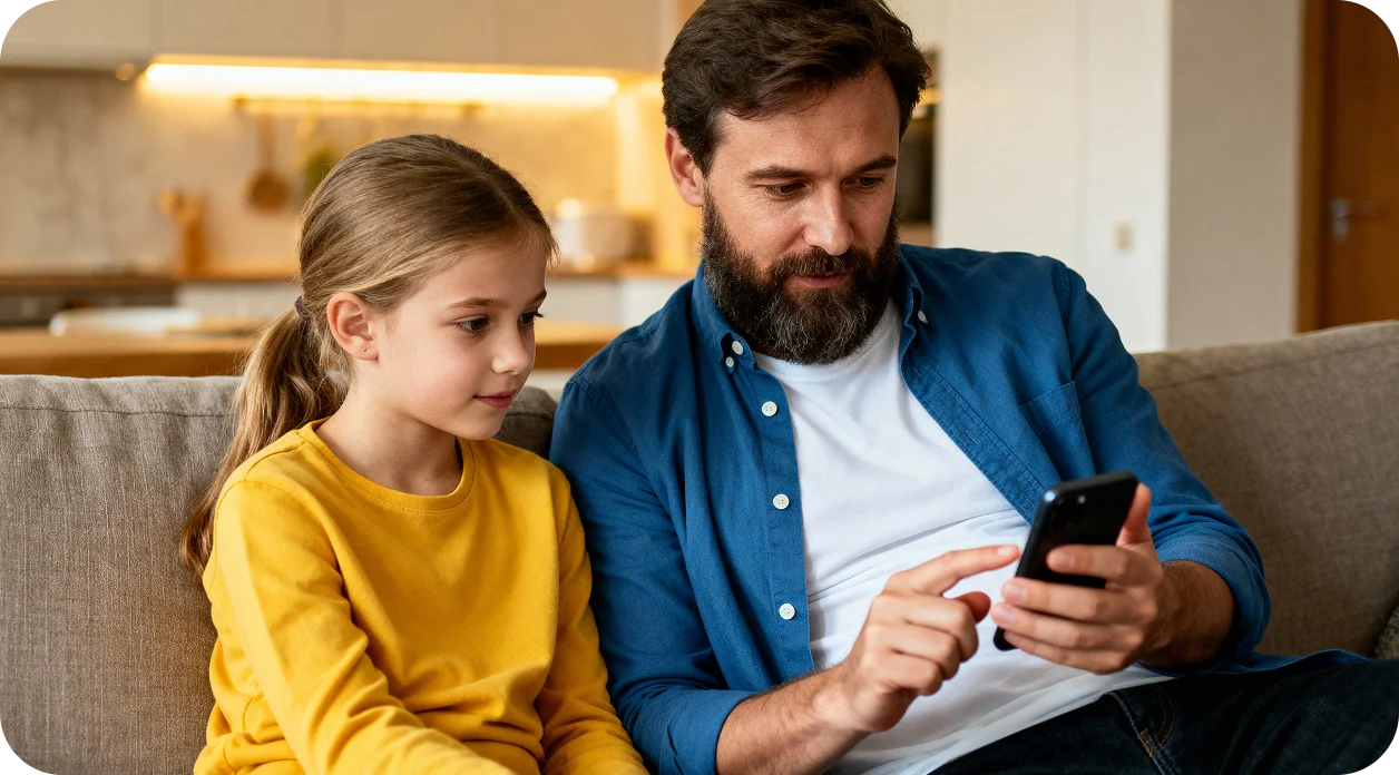 Father and daughter using phone