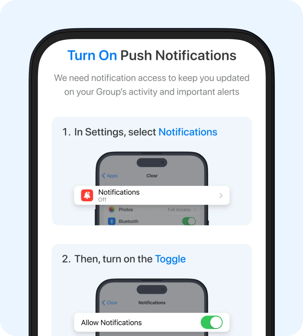 Battery and location settings in Closr app