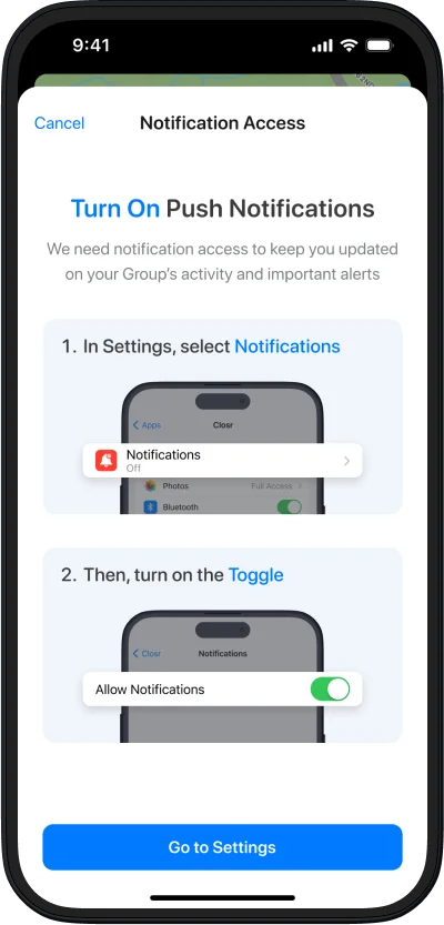 Battery and location settings in Closr app