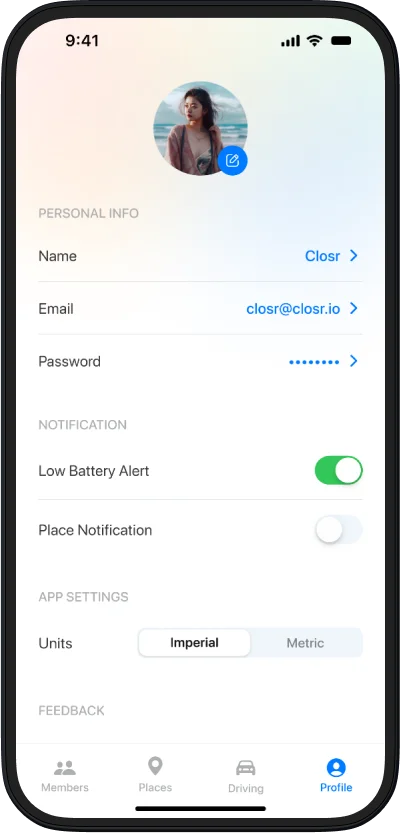 Battery and location settings in Closr app